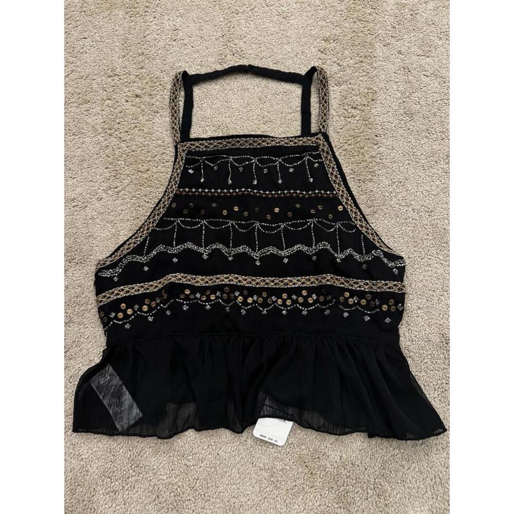 Free People Black Embroidered Halter Top
